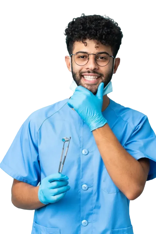 moroccan-dentist-man-holding-tools-isolated-blue-happy-smiling